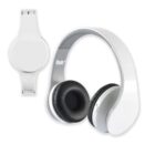 White over-ear headphones with black ear cushions are displayed beside a white smartwatch with a blank screen, both against a plain white background.