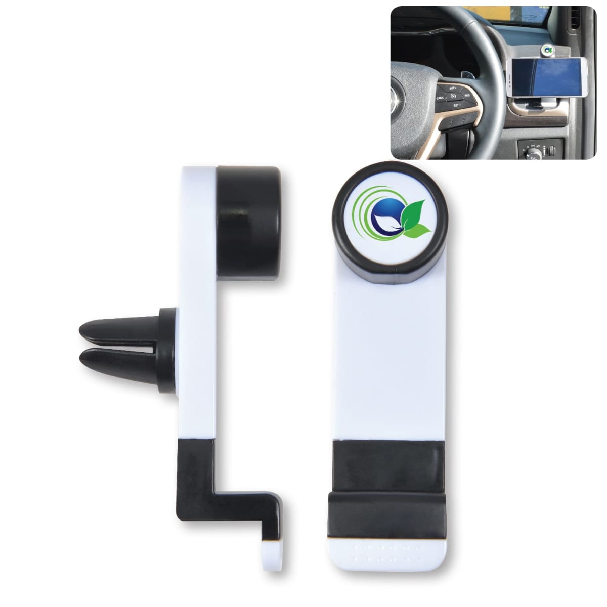 Mobile phone holder with two black clips for car ventilation slots, featuring a circular logo with a green leaf and blue swirl. The top right shows the holder attached to a steering wheel with a black phone in place.