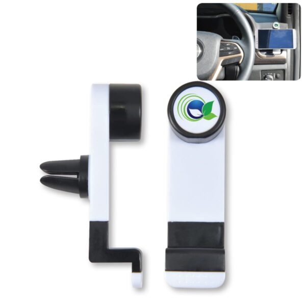 Two views of a white and black phone holder with a car vent mount, featuring a green and blue circular logo. An inset image shows the holder attached to a car dashboard with a phone in landscape orientation.