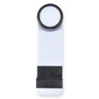 A white and black plastic clip with a round top and flat base, designed for sealing bags or organizing papers. The circular part is black, matching the bottom section, while the middle remains smooth and white.