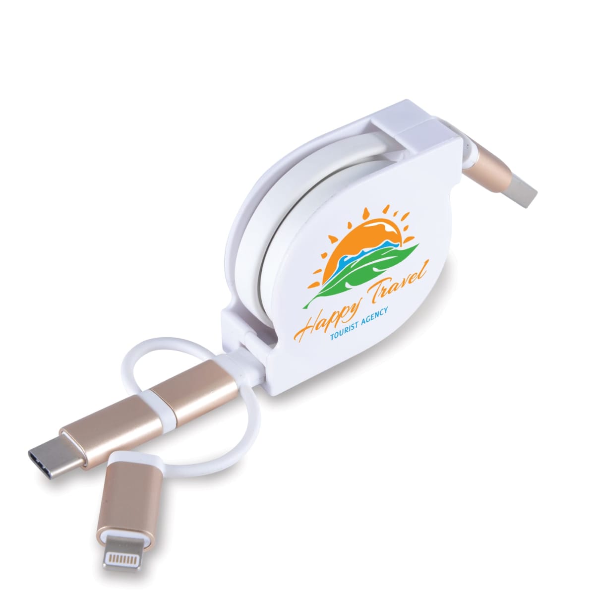 A retractable charging cable with USB-C and Lightning connectors. The white casing features an image of a sunset over mountains and the text Happy Travel Tourist Agency.