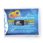 A small USB data blocker device labeled Data Protection is in clear packaging. Behind it is a blue card with text highlighting security features, emphasizing protection against data theft at public charging stations.