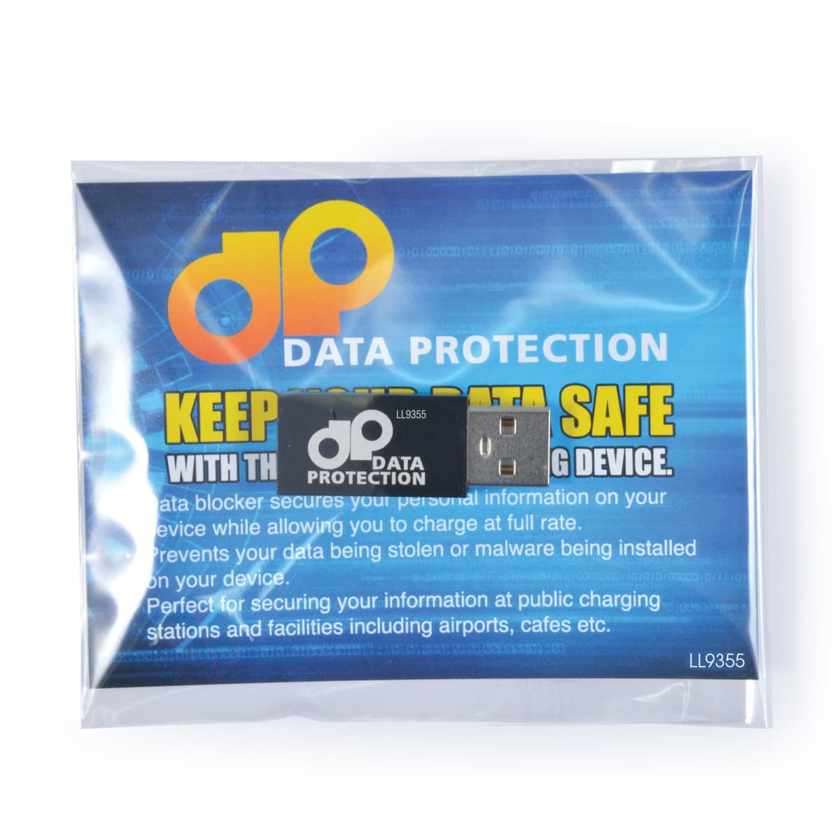 A small USB data blocker device labeled Data Protection is in clear packaging. Behind it is a blue card with text highlighting security features, emphasizing protection against data theft at public charging stations.