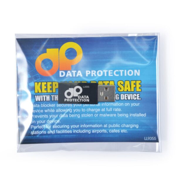 Packaging of a USB data protection device with branding and text promoting safety from data theft and malware. The USB device is prominently displayed against a blue background with orange and white text.