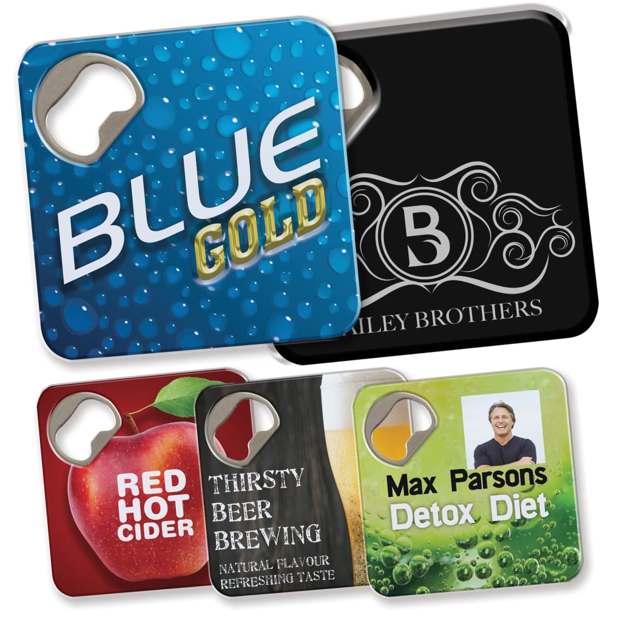 A collection of square bottle openers with various designs: BLUE GOLD with bubbles, B B with ornate design, RED HOT CIDER with an apple, THIRSTY BEER BREWING, and Max Parsons Detox Diet with a smiling person.