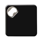 A small, square black key finder with rounded edges, featuring a circular cutout in the top left corner, which resembles a keychain hole or button. The surface is sleek and modern.