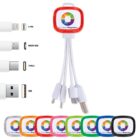 Multi-charging cable with USB, Micro USB, Lightning, and Type-C connectors attached to a branded hub. Includes seven color options for the hub, including red, purple, blue, green, pink, orange, and black, each featuring a colorful logo.