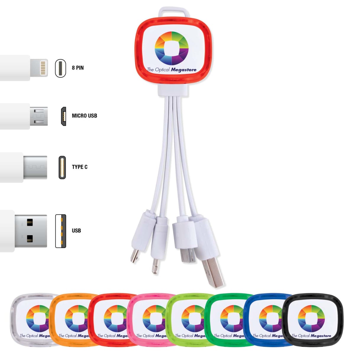 Multi-charging cable with USB, Micro USB, Lightning, and Type-C connectors attached to a branded hub. Includes seven color options for the hub, including red, purple, blue, green, pink, orange, and black, each featuring a colorful logo.