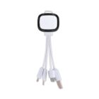 A multi-functional charging cable with four connectors, including USB, micro USB, and Type-C. The cables are white, originating from a central white and black hub. The hub has a clip on top.