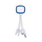 A multi-charging cable with a square blue and white adapter featuring a loop on top. It branches into multiple connectors, including USB and micro-USB, on white cords.