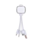A white charging cable with a multi-port adapter at one end, including a USB and other connectors, and a translucent, rectangular casing at the other end.