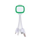 Multifunctional charging cable with a green-bordered hub featuring four different connectors: USB-A, micro USB, USB-C, and Lightning. The cables are white and fanned out like a small bundle.