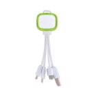 A multi-connector charging cable with a green square hub. It features four different connectors extending from the hub: USB Type-C, micro USB, Lightning, and USB-A. The design is compact and portable.