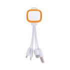 A multi-functional charging cable with four connectors: USB Type-C, micro USB, lightning, and a standard USB. The connectors are attached to a square orange and white hub.