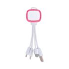 A white multi-charging cable with a square, pink-trimmed hub. It features four connectors: USB, Micro-USB, and two other assorted tips. The cables are white and stem from the central hub.