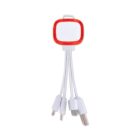 A multi-device charging cable with four connectors: USB-C, micro USB, and two lightning connectors. The connectors are attached to a central hub with a white body and red border.