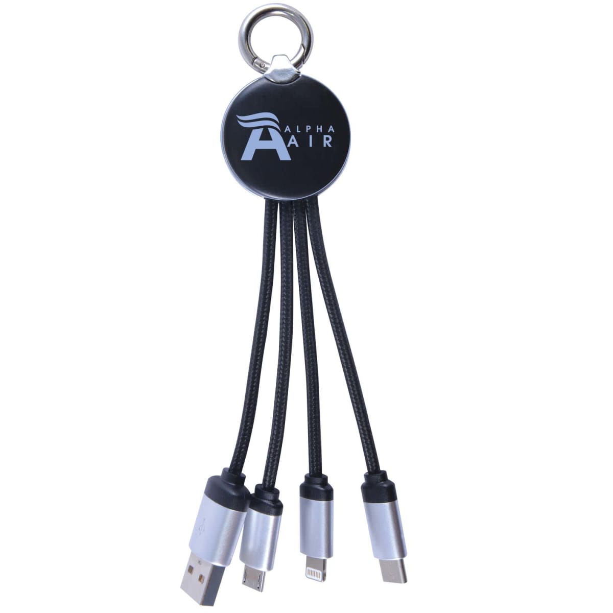 A round keychain labeled Alpha Air with four attached charging cables: USB-A, USB-C, Lightning, and Micro-USB. The cables have black braided covers and silver connectors.