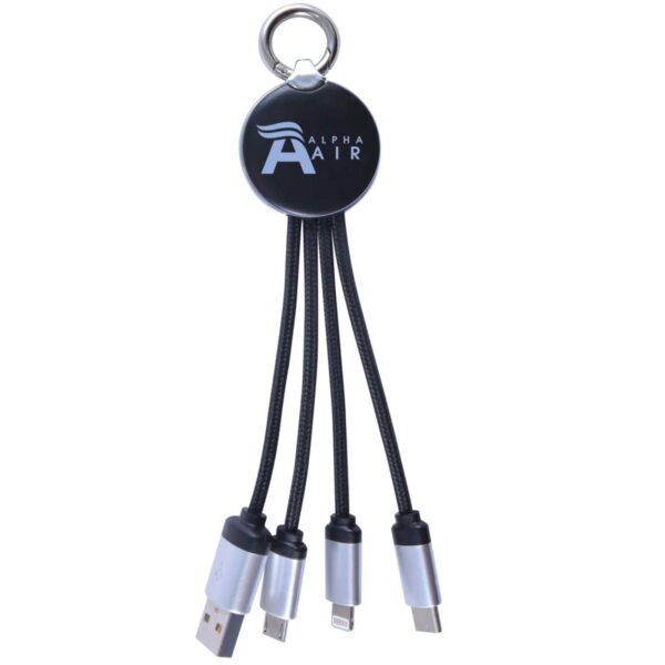 A keychain with four charging cables extending from a circular base with the text Alpha Air. The cables end in various connectors: USB, micro USB, Lightning, and USB-C.