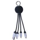 A black and silver multi-charging cable keychain with four connectors: USB, Micro USB, Lightning, and USB-C, attached to a central black circular hub.