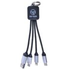 A multi-connector charging cable with a keychain attachment, featuring four different connectors: USB, micro USB, Lightning, and USB-C. The handle is labeled Top Telco.