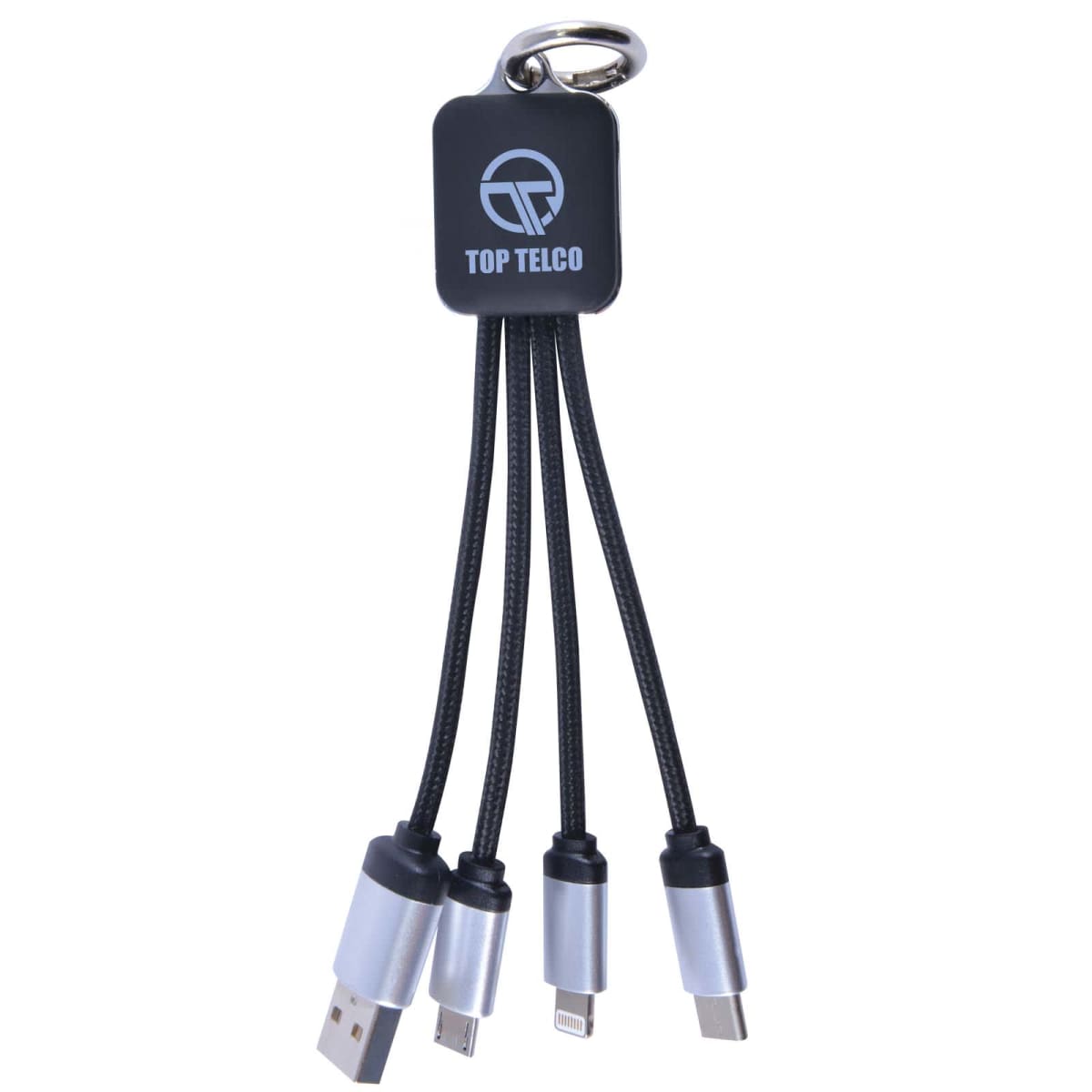 A multi-connector charging cable with a keychain attachment, featuring four different connectors: USB, micro USB, Lightning, and USB-C. The handle is labeled Top Telco.