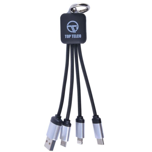 A keychain with four charging cables attached, featuring various connectors: USB, micro USB, lightning, and USB-C. The cables are black with metallic ends, and the keychain has a logo with the text Top Telco.