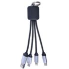 A multi-functional charging cable keychain with one USB connector and three outputs: a USB-C, a Lightning, and a Micro USB, all connected to a black square base with a key ring attached.