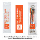 A clear PVC zip lock pouch with text FOXY FONE PLANS and an orange fox logo. It contains a phone charging cable, a ring, and a keychain. The pouch promotes a fast 5G connection plan with customer support details.