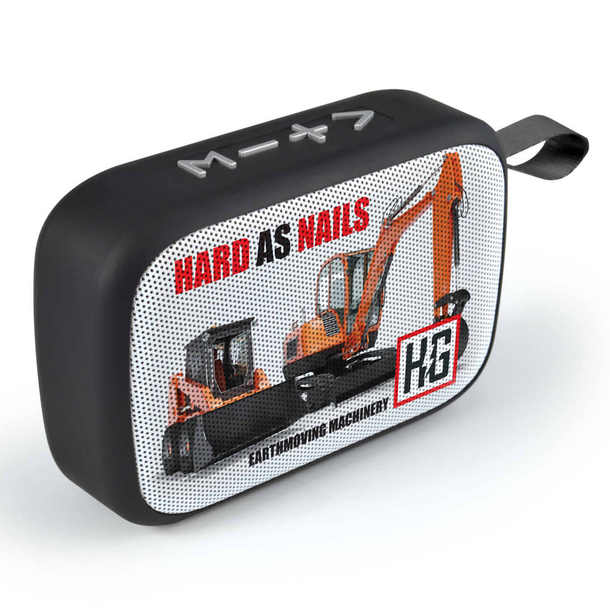 A rectangular zippered pouch with a construction vehicle design. Text reads Hard as Nails and Earthmoving Machinery with a logo featuring HS inside a red-bordered square. The pouch has a black base and a fabric loop handle.
