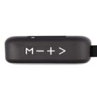 Top view of a black speaker with three buttons: M, a minus and plus symbol, and a forward arrow. A black strap is attached to the side.