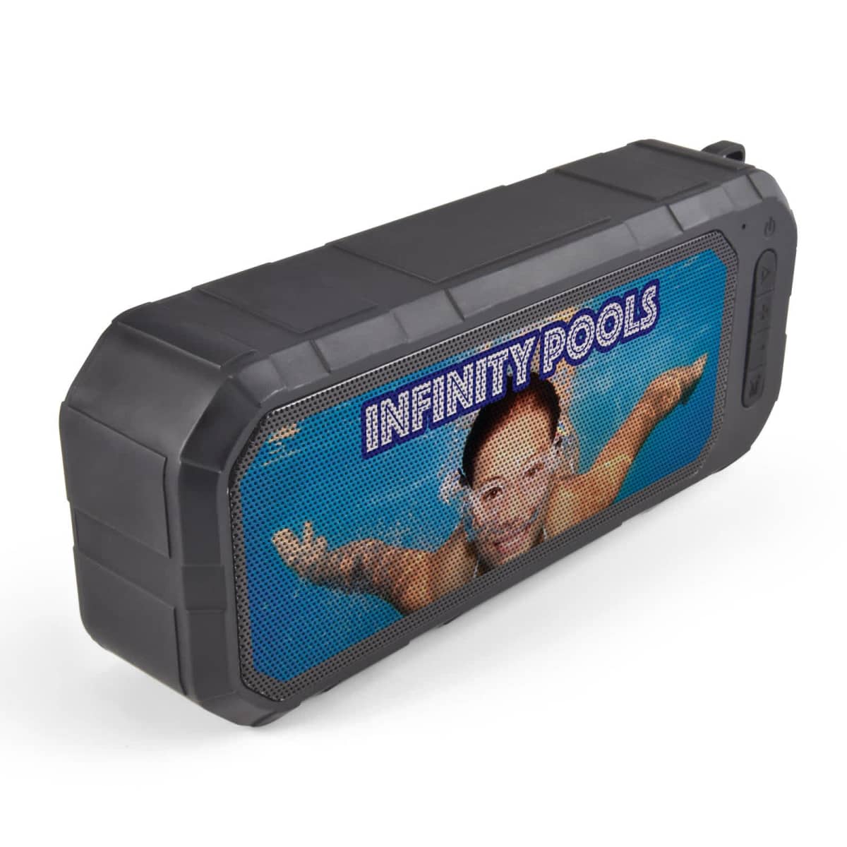 A portable Bluetooth speaker with a rugged, black exterior. The front features an image of a person swimming underwater, wearing goggles, with the text INFINITY POOLS displayed above.