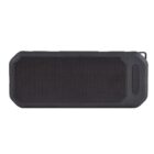 Rectangular black portable Bluetooth speaker with rounded edges. The front features a mesh speaker grille, while the side displays control buttons for power, play, and volume adjustment.