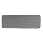 A rectangular, gray, speaker grille with a fine mesh texture and a black and white braided border surrounding its edges.
