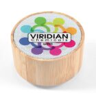 A round wooden container with a colorful molecular design on the lid. The words Viridian Chemicals appear at the center, with stylized, overlapping circles in various colors around it.