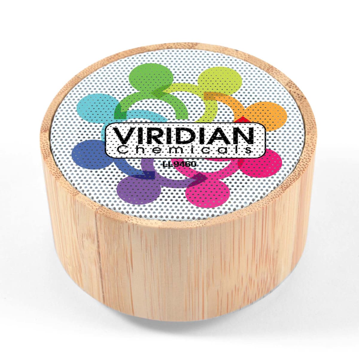 A round wooden container with a colorful molecular design on the lid. The words Viridian Chemicals appear at the center, with stylized, overlapping circles in various colors around it.
