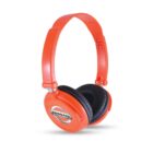 Orange over-ear headphones with padded black ear cushions and a headband featuring the Nissan logo on the side of each ear cup.