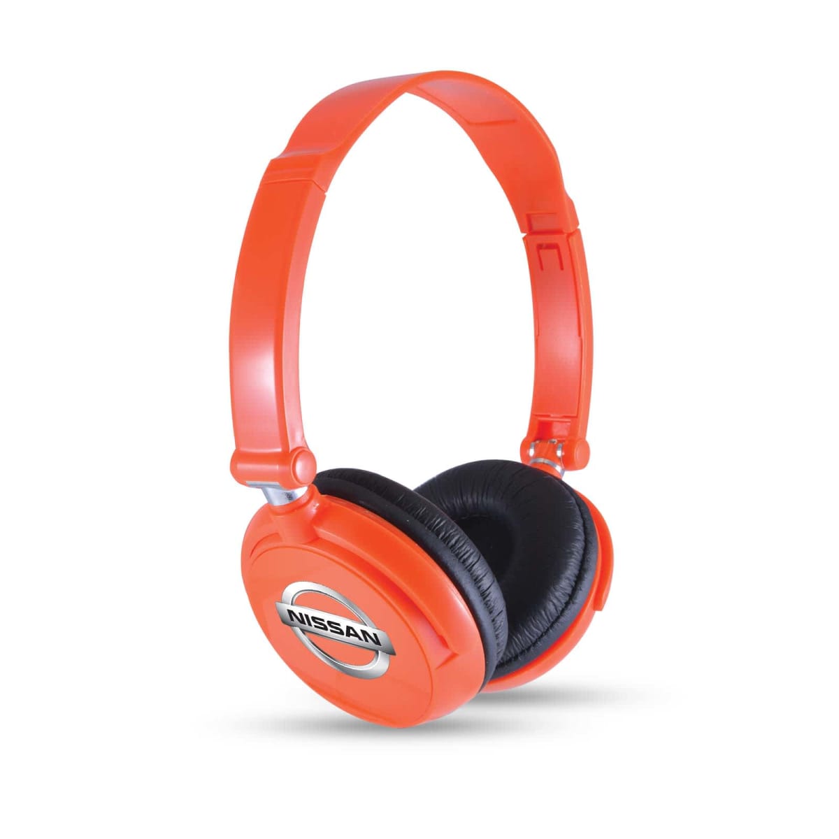 Orange over-ear headphones with padded black ear cushions and a headband featuring the Nissan logo on the side of each ear cup.