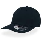 A black baseball cap with a mid-visor design and a circular sticker on the brim. The cap has six panels and no visible logo or branding.