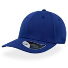 A blue baseball cap with a curved visor is shown on a white background. A label with text is attached to the front of the visor.