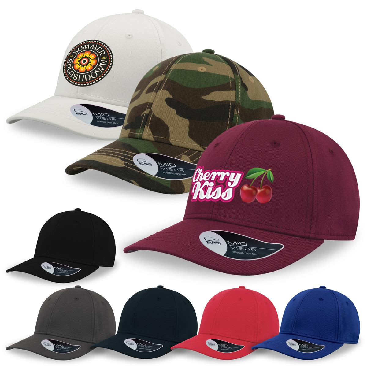 A collection of seven baseball caps. Designs include beige with a floral patch, camo, maroon with Cherry Kiss text and cherries, black, dark green, red, and blue. All caps display a small sticker on the brim.