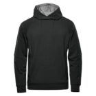 Black hooded sweatshirt with drawstrings, shown on a plain white background.