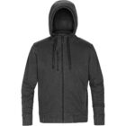 Black zip-up hoodie with front pockets and a chest pocket, shown on a plain white background.