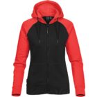 Black zip-up hoodie with red sleeves and hood, shown on a white background.