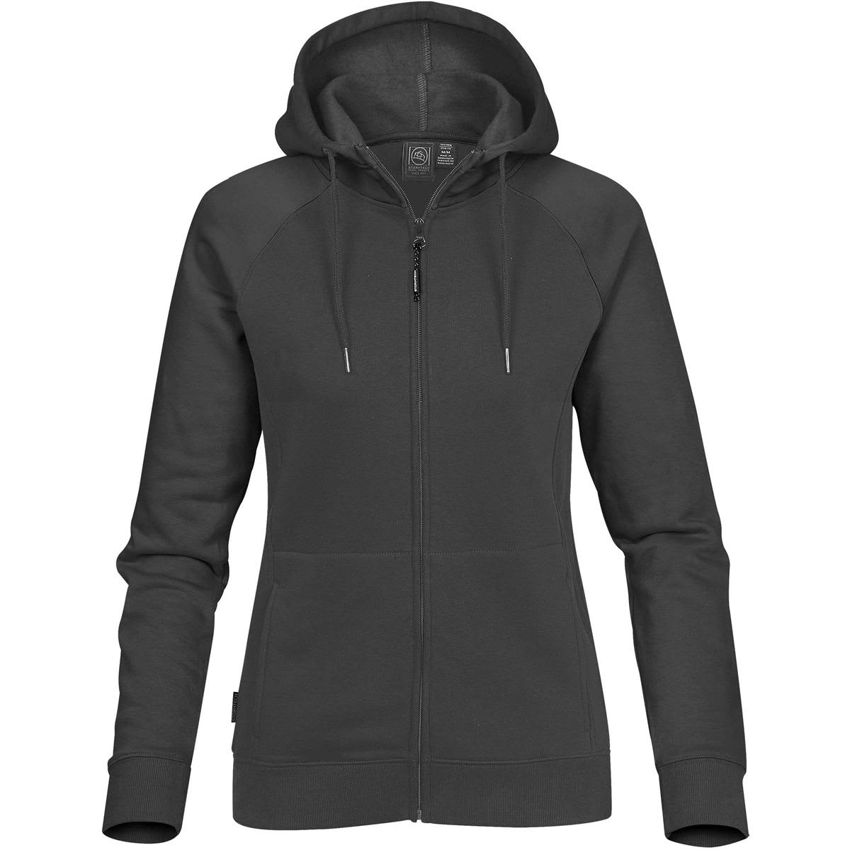 A plain black zip-up hoodie with a hood and front pockets, shown on a white background.
