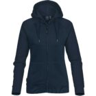 Navy blue zip-up hoodie with front pockets and a drawstring hood.