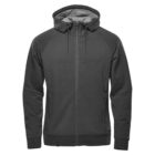 A plain black zip-up hoodie with a hood and front pockets, displayed on a white background.