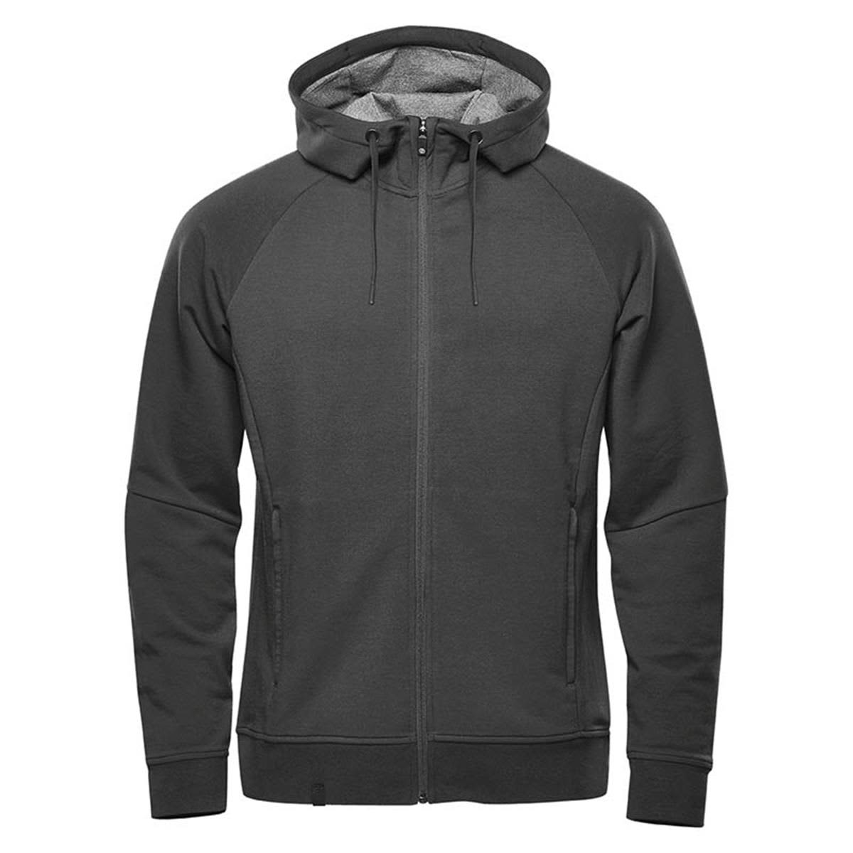 A plain black zip-up hoodie with a hood and front pockets, shown on a white background.