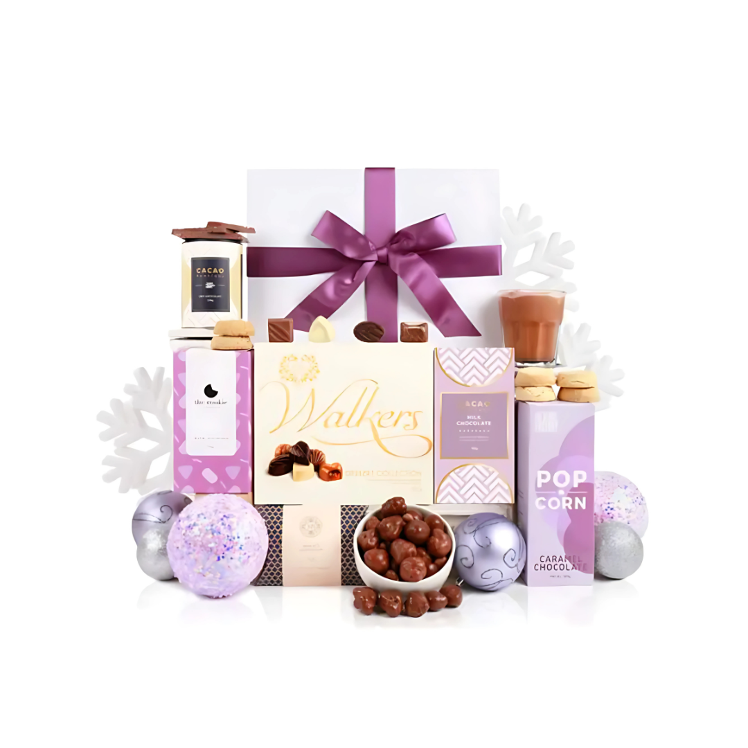 Choco Loco Lovers Gift Set with popcorn, purple ribbon, ornaments, and snowflakes.