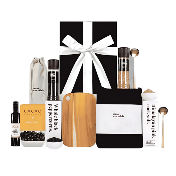 DreamHood Settlement Gift Set: Spices, cutting board, chic black & white box.