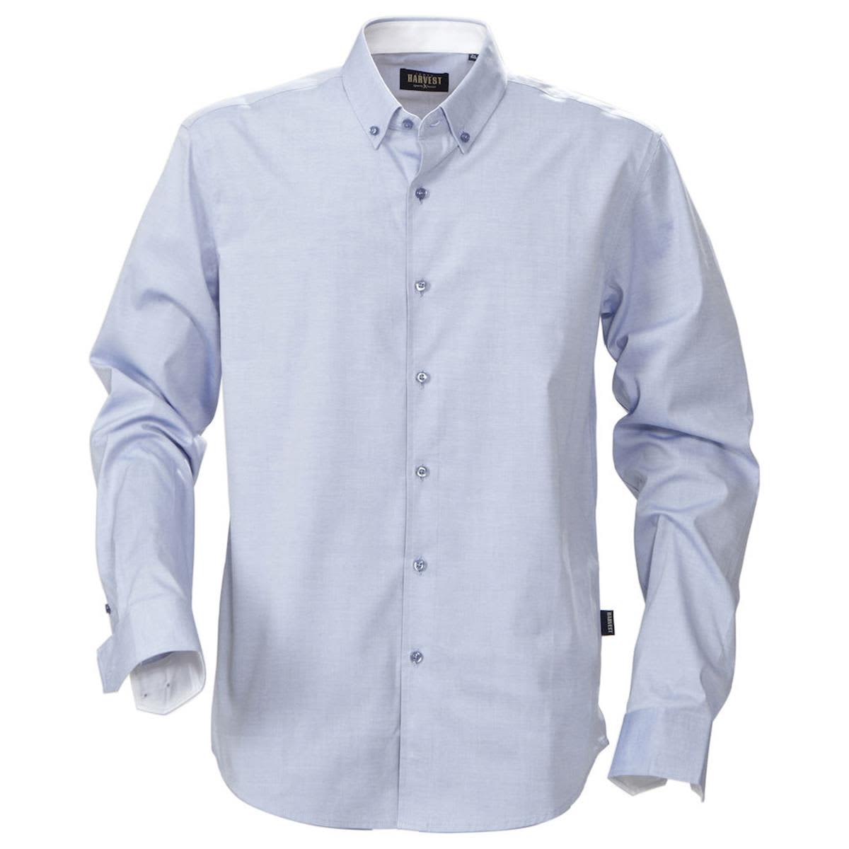 Light blue long-sleeve button-up dress shirt with a collar, displayed on a white background.